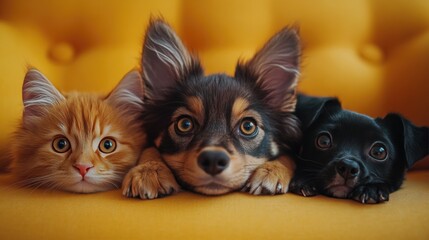 Cat and a dog are sleeping together on a bed. The cat is on the left side of the dog and the dog is on the right side..