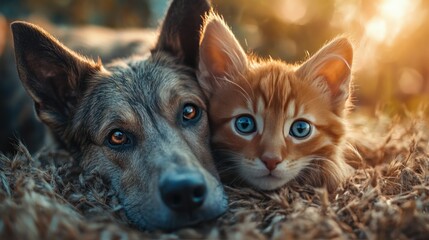 Cat and a dog are sleeping together on a bed. The cat is on the left side of the dog and the dog is on the right side..