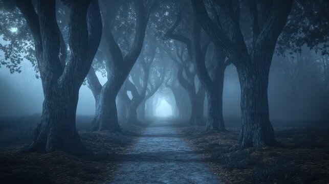 Mysterious Foggy Forest Path with Light at the End - Dark and Eerie Atmosphere.