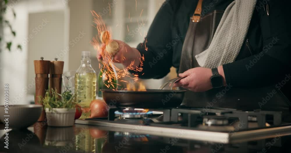 Sticker Food, fire and frying pan with hands of person in kitchen for cooking, flame and meal prep. Nutrition, cuisine and dinner with chef and flambe at home for wellness, dining and healthy ingredients