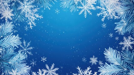 Winter Wonderland Background with Snowflakes and Pine Branches - Blue Christmas Design.