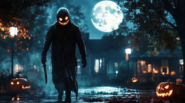 A scary ghost holding a knife walks on moonlight night scene with pumpkin. Spooky haunted halloween background, Halloween illustration for banner and poster design.