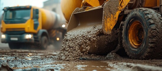 Concrete mixer truck pouring cement. Concrete mixer truck, transport and combine cement and water in revolving drum.