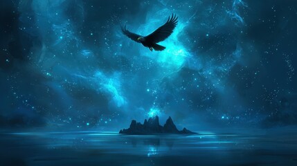 Fototapeta premium Eagle Soaring Over Night Sky with Mountain Island and Stars