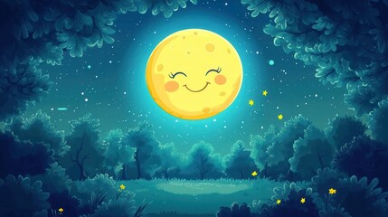 Fototapeta premium Smiling Moon In Night Sky Over Forest, Cartoon Illustration.