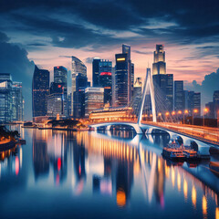 Vibrant cityscape with futuristic architecture reflecting on water at dusk