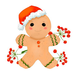 Cookies gingerbread man man in a red cap Desser with red berries Christmas watercolor digital illustration for printing and web