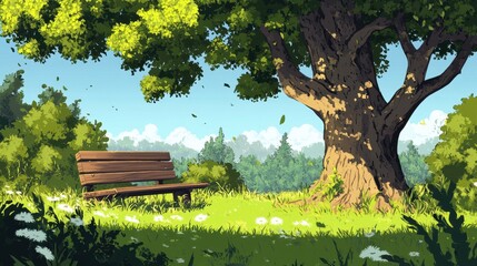 Naklejka premium Wooden Bench Under a Large Tree in a Green Meadow with White Flowers and a Blue Sky.