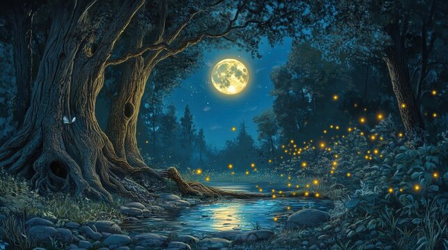 Enchanting Moonlit Forest Scene with Glowing Fireflies and a Tranquil River.