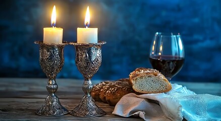 Elegant table setting with silver candlesticks, bread, and a glass of wine.