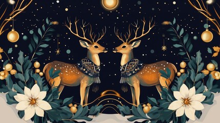Magical Christmas reindeer illustration with gold ornaments, navy blue background, festive flora, symmetrical design, holiday fantasy art