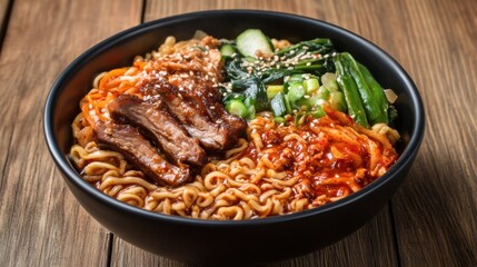 Fototapeta premium Delicious Asian Noodle Bowl with Beef and Vegetables