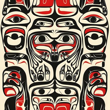 58. **Alaskan Native art pattern with totemic symbols and wildlife.**