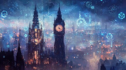 Fototapeta premium Futuristic Cityscape with Clock Towers and Glowing Lights