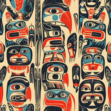 58. **Alaskan Native art pattern with totemic symbols and wildlife.**