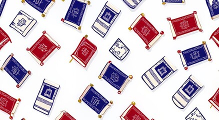 Fototapeta premium Colorful patterned illustration of religious scrolls in blue and red hues.
