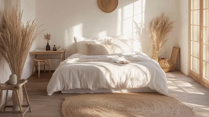 A bed in a bright, airy room, with light-colored bedding, a soft area rug, and a small desk in the corner.