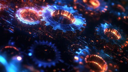 Abstract Gear Mechanism with Blue and Orange Glowing Lights - 3D Render.