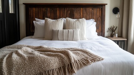 A bed with a dark wooden headboard, white linens, and a plush throw blanket draped across the foot of the bed.