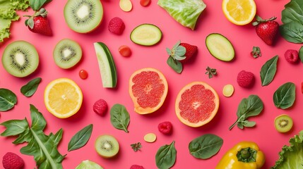 Vibrant assortment of fresh fruits and vegetables arranged on a pink background, showcasing strawberries, oranges, and leafy greens