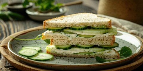 Cucumber cream cheese sandwich served on a plate with toning and selective focus