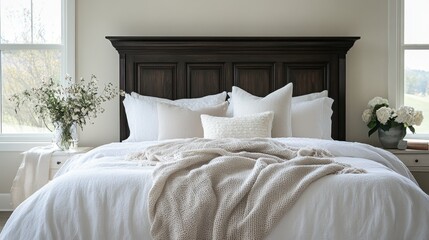 A bed with a dark wooden headboard, white linens, and a plush throw blanket draped across the foot of the bed.