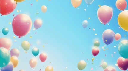 Fototapeta premium Colorful Balloons Floating in the Sky with Confetti - Festive Celebration Background.