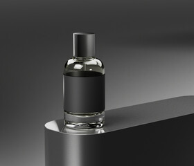 Una botella de vidrio transparente con una etiqueta negra y una tapa negra, colocada sobre un estante curvado con una superficie reflectante. El fondo es un gris degradado. © ADX