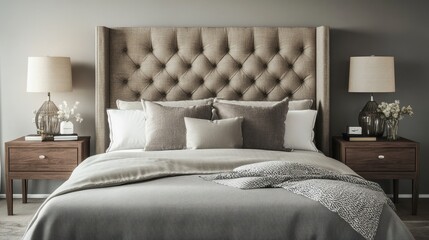 A bed with a stylish upholstered headboard, elegant bedding, and matching bedside tables with modern lamps.