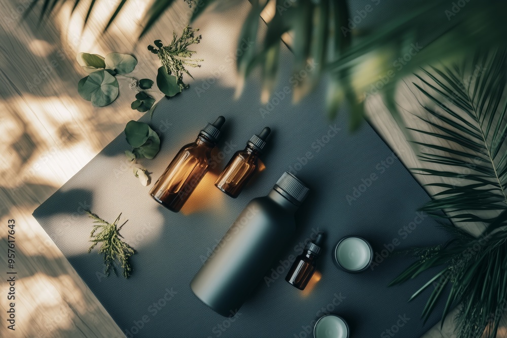 Poster aromatic essential oils and botanical elements arranged thoughtfully on a dark surface surrounded by