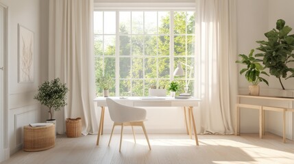 A bright and airy home office with a white desk, a comfortable chair, and a large window letting in natural light.