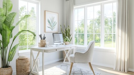 Fototapeta premium A bright and airy home office with a white desk, a comfortable chair, and a large window letting in natural light.
