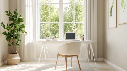 A bright and airy home office with a white desk, a comfortable chair, and a large window letting in natural light.