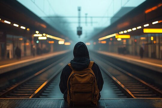 Person in hoodie standing alone at empty train station - Powered by Adobe