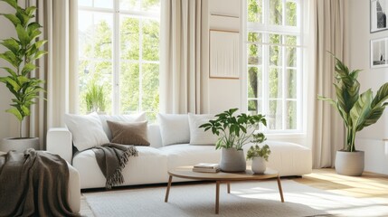 A bright living room with large windows, a comfortable sofa, and a coffee table, decorated with plants and soft furnishings. e3ae0654c906