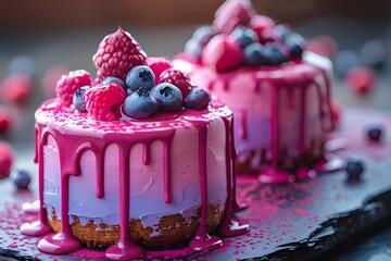 Two small, perfectly crafted cakes with a glossy, vibrant pink glaze dripping down their sides, creating a silky texture. 