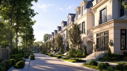A classic row of townhouses with uniform facades, small front gardens, and a welcoming street view.