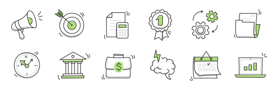 Hand drawn doodle business, money icon set. Finance, money, marketing sketch drawn cute trendy line doodle icon. Business bank, finance calculator, economic goal elements. Vector illustration
