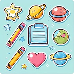 Colorful cartoon space-themed illustrations including planets and stars.