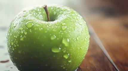A close-up of a green apple with water droplets on its surface, sitting on a wooden kitchen counter.