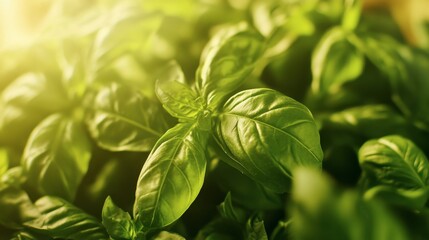 A close-up of fresh green basil leaves, with a hint of sunlight highlighting their vibrant color