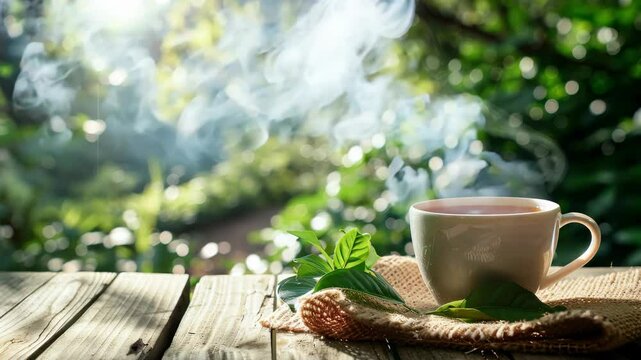 Cup of hot tea and tea leaf on the table and nature background video 