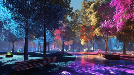 Immerse Yourself in Holographic Trees and Glassmorphism Benches: A Futuristic City Park Experience