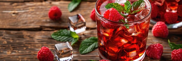 Refreshing Raspberry Cocktail with Mint and Ice in a Glass