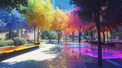 Fototapeta premium Glassmorphism Park: A Holographic City Oasis