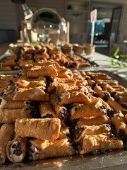 Fresh Italian Cannoli Pastry Display with Chocolate Chips 