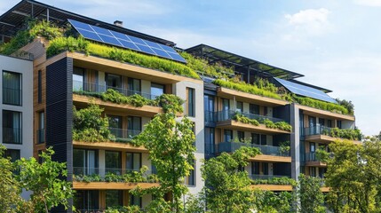A contemporary residential building with sustainable design features, including solar panels and green roofs.