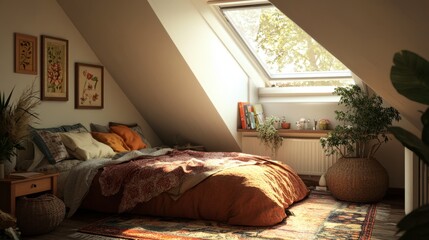 A cozy attic bedroom with a small bed, a skylight, and a soft rug, creating a warm, inviting space.