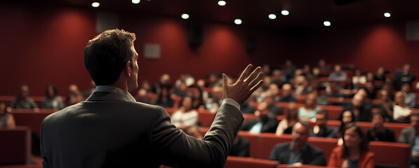 Obraz premium Businessman presents to audience in conference hall, engaging speech.
