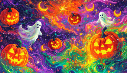 A vibrant Halloween scene featuring glowing pumpkins and playful ghosts amidst a colorful, swirling background.